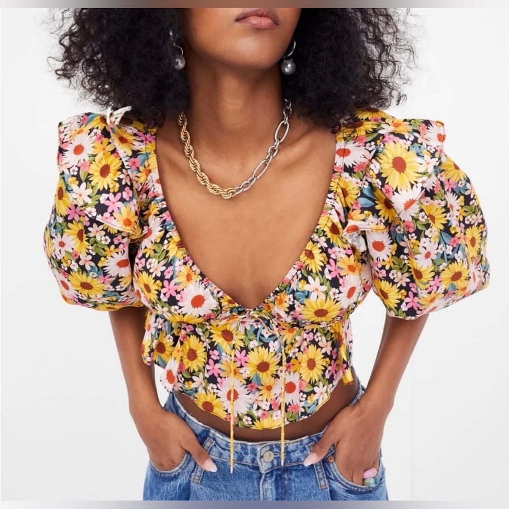 For Love & Lemons Yellow Floral Puff Sleeve Crop Top